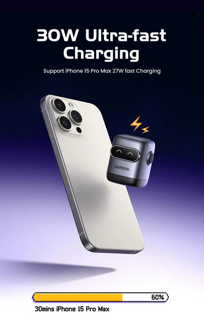 【US Plug】UGREEN Robot Design 30W GaN Charger QC4.0 3.0 PPS PD3.0 Fast Charger For iPhone 16 15 14 Pro Samsung Xiaomi iPad Air