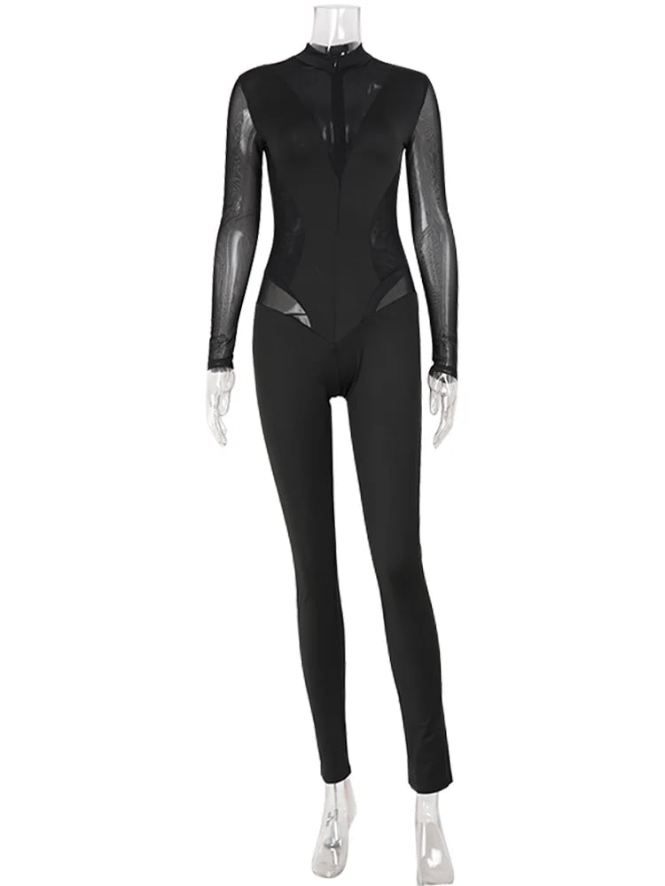 Ahagaga Sexy Club Women's Mesh Jumpsuits Patchwork Solid Regular Long Sleeves Sheath Skinny Sheer Turtleneck Casual Streetwear