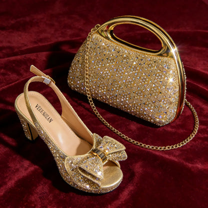 Venus Chan 2026 Women’s Italian Gold High Heels with Rhinestone Detail & Matching Bag Set - Stylish Pointed Toe Design