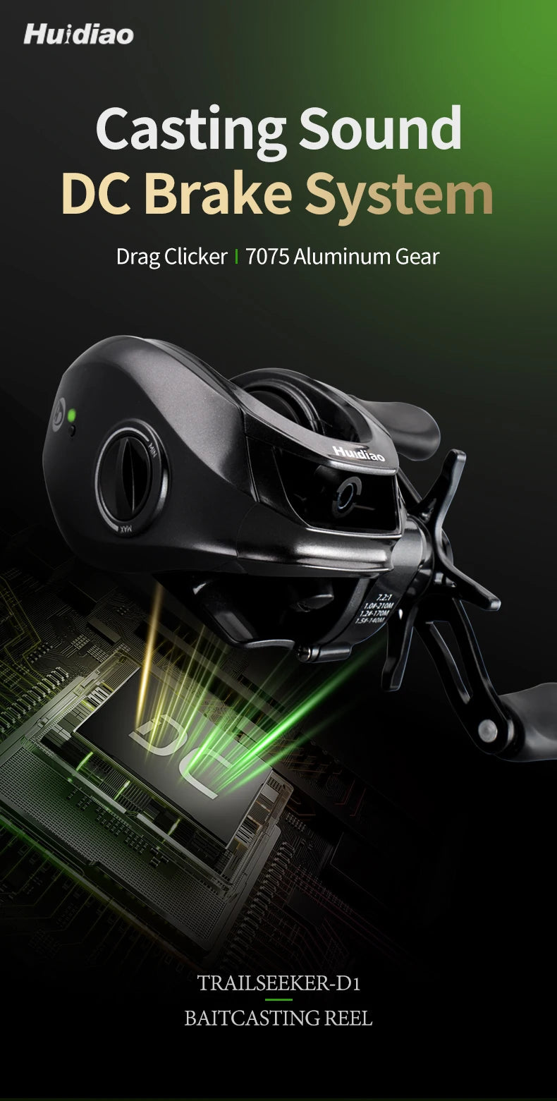 Huidiao TRAILSEEKER D1 Ultralight DC Baitcasting Reel 155g BFS Baitcaster 7.2:1 Zero Backlash 5+1BB for Bass Finesse Fishing