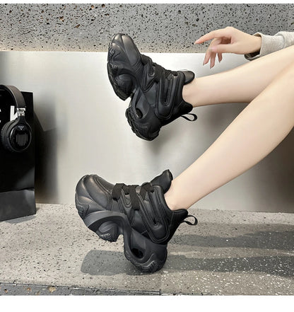 Chunky Platform Hidden Height Increasing Sneakers Casual Lace Up Shoes In White And Grey With Hollow Out Design For Streetwear