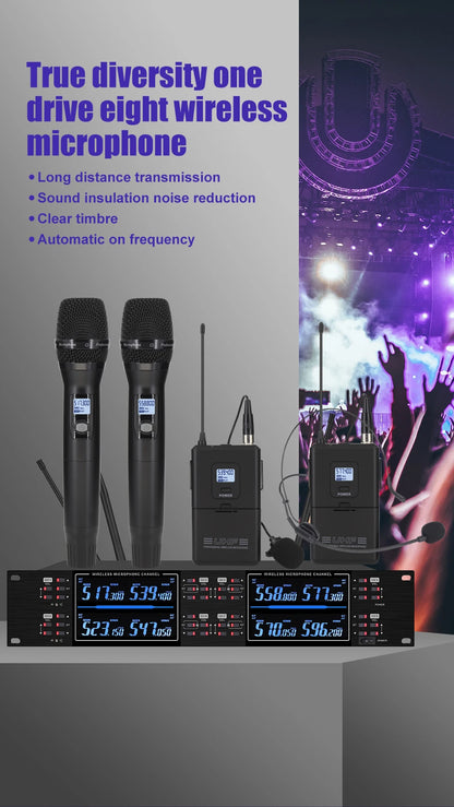 Professional wireless microphone high-frequency, handheld karaoke lavalier microphone, 8-channel stage performance