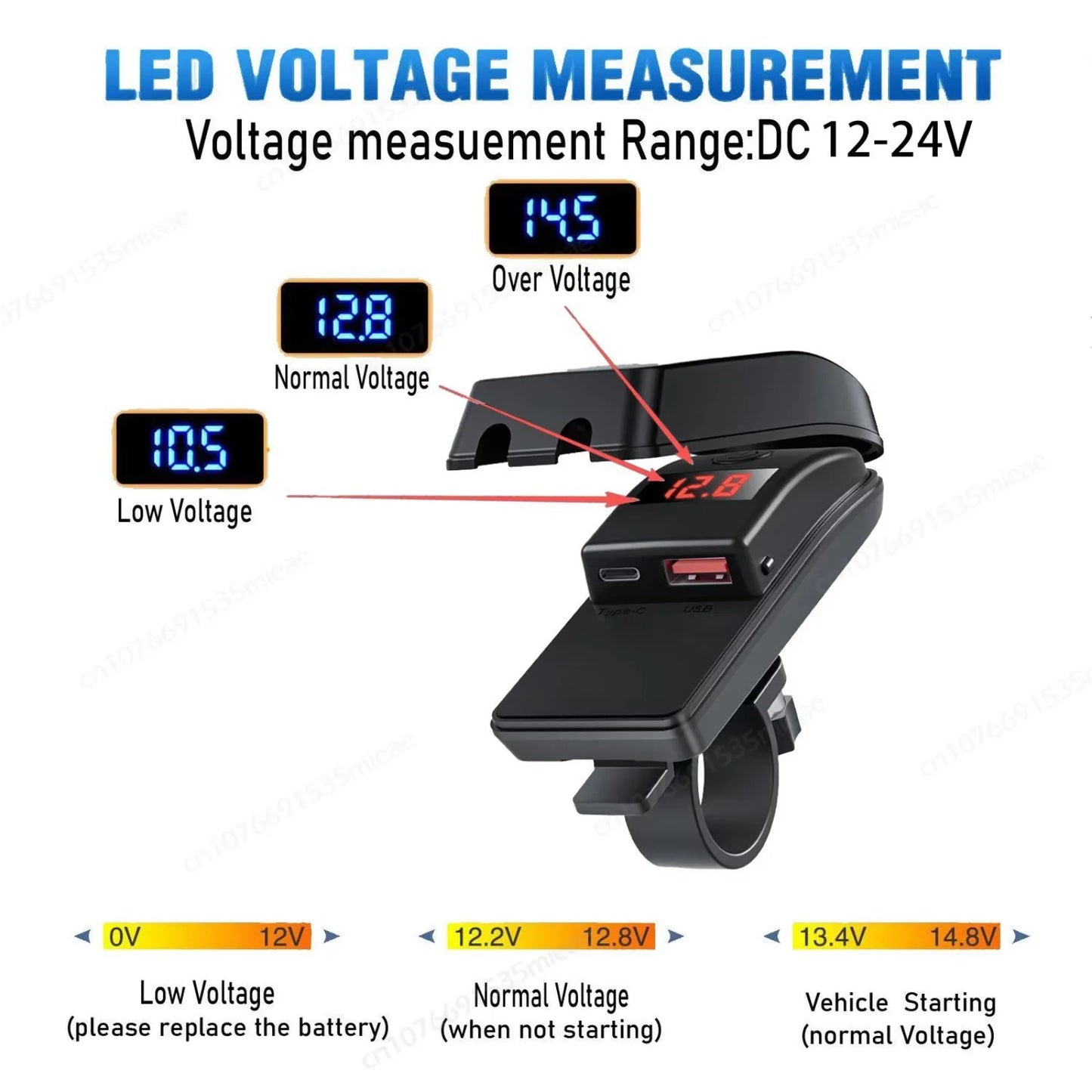 NEW PD QC3.0 Motorcycle USB Fast Charger 60W Handlebar Dual USB Socket with LED Voltmeter Waterproof 12-24V Power Supply Adapter