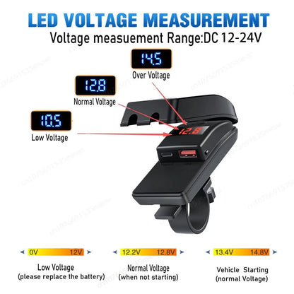 NEW PD QC3.0 Motorcycle USB Fast Charger 60W Handlebar Dual USB Socket with LED Voltmeter Waterproof 12-24V Power Supply Adapter