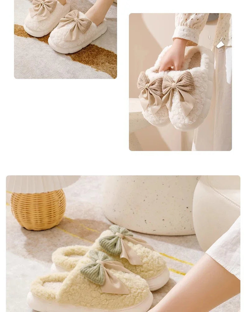 Thick Soled Non Slip Home Plush Slippers 2025 New Cotton Slippers for Women Bow Slippers for Autumn and Winter Warm for Women