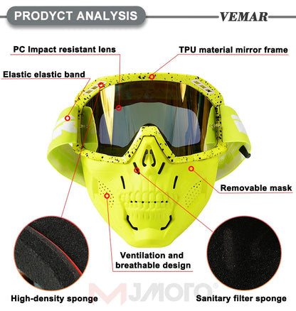VEMAR Detachable Motorcycle Helmet Goggles Cycling Glasses Man Windproof Dust-proof Motocross Face Mask Goggles Glasses Block UV