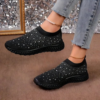 Shiny Crystal Black Women Sneakers Breathable Knitted Non Slip Casual Walking Shoes Woman Comfortable Soft Bottom Loafers Flats