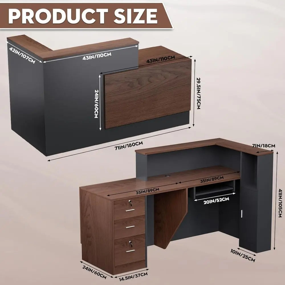 Large L-Shaped Wooden Office Desk with Storage, Counter & Shelves, Suitable for Home or Business, Brown and Black, Right-71L x 3