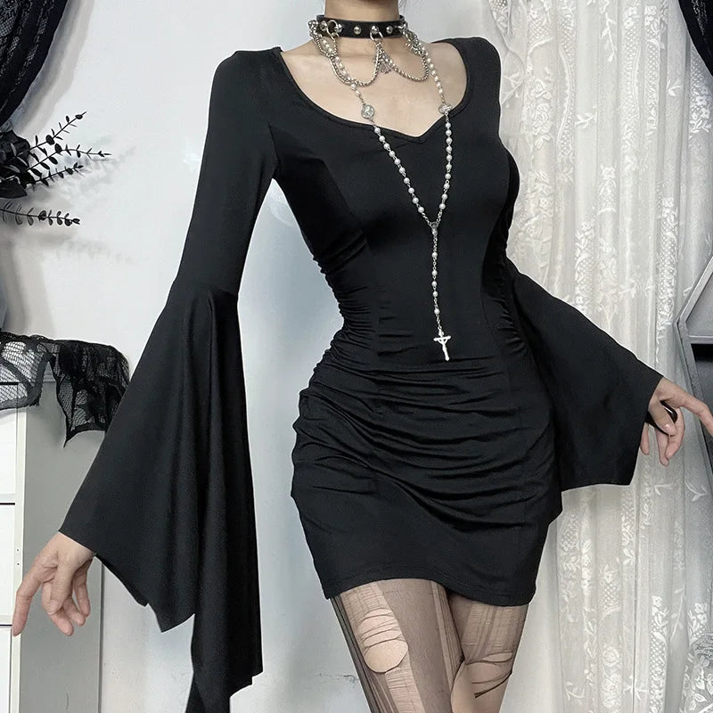 Goth Dark Cospaly Partywear Women Fashion Batwing Sleeve Mini Dress Elegant Slim Pleat Bodycon Dresses Mall Gothic Alt Teachwear