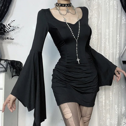 Goth Dark Cospaly Partywear Women Fashion Batwing Sleeve Mini Dress Elegant Slim Pleat Bodycon Dresses Mall Gothic Alt Teachwear