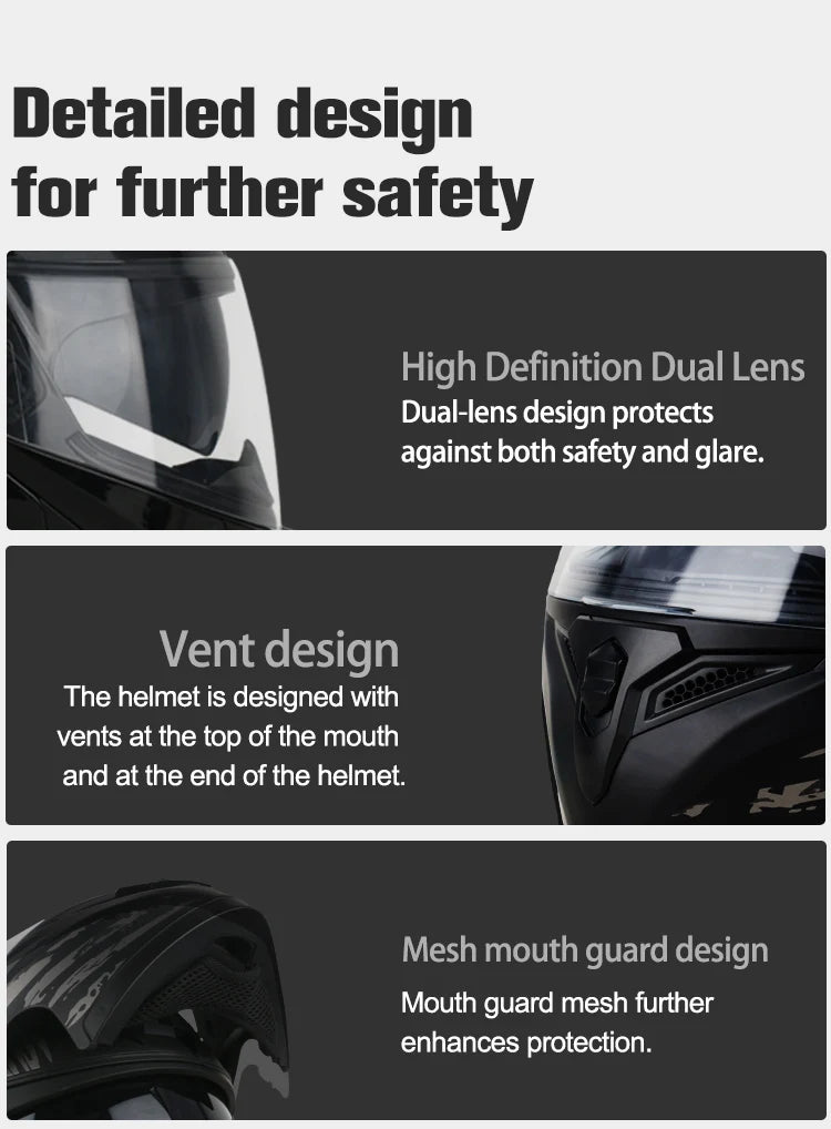 Uchoose DOT Approved Helmets Crash Motorbike Protective Gear Men Women Flip Up Helmet Motorcycle Double Sun Visor