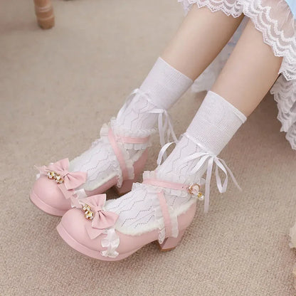 Cross Strap Women High Heels Mary Jane Pumps Party Wedding Cosplay White Pink Black Strawberry Bow Princess Cosplay Lolita Shoes