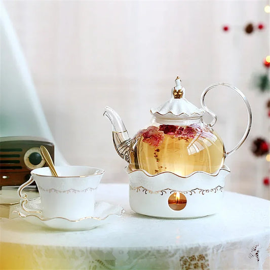 Ceramic Teapot With Strainer Vintage Porcelain British Tea Pot And Cup Set Candle Heating Glass Coffee Mugs Home Decoration