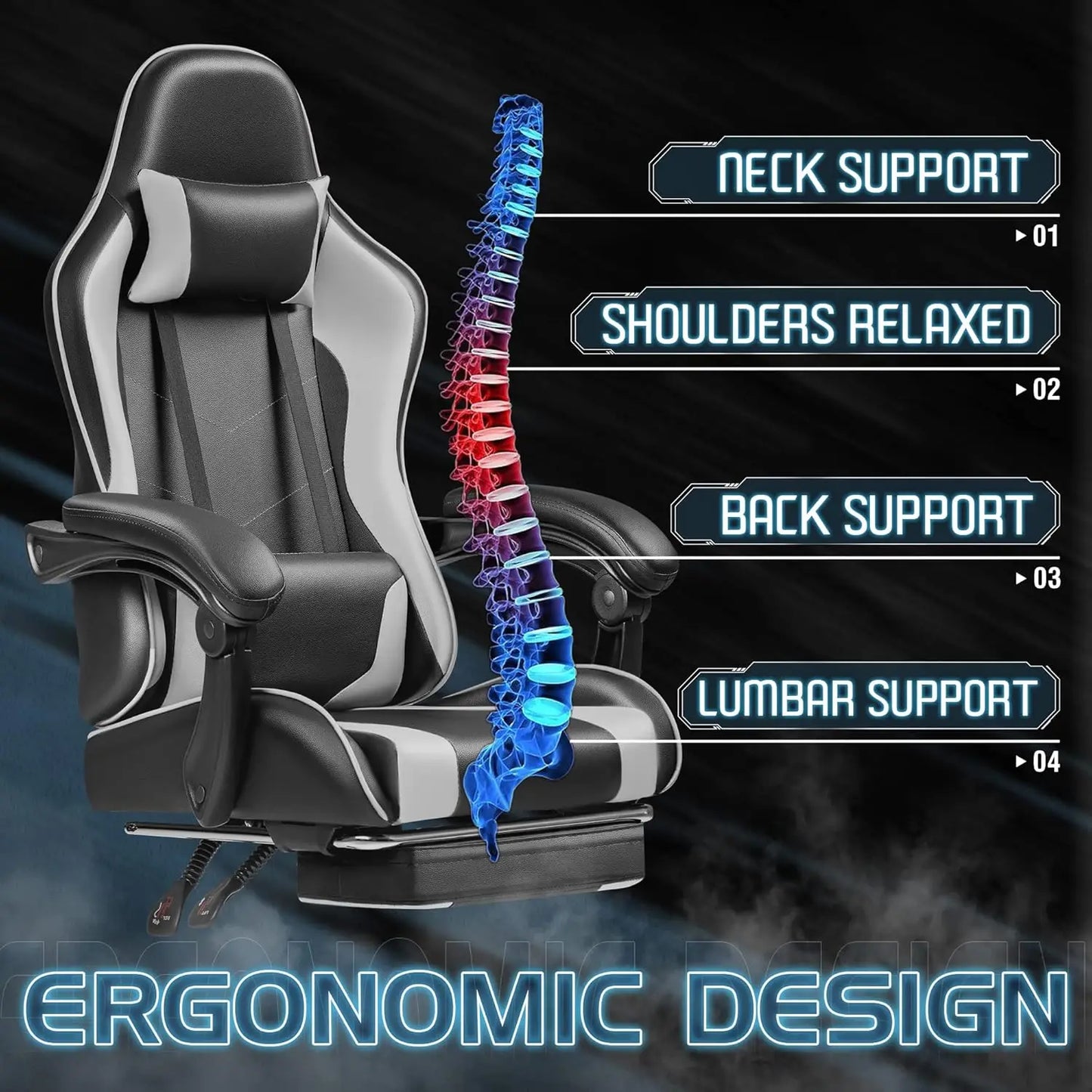 Gaming Chair, Video Game Chair with Footrest and Massage Lumbar Support, Ergonomic Computer Chair Height Adjustable, Customized