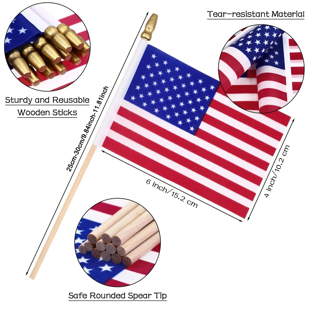 30pcs HandHeld American Stick Flags, 14x21cm HandHeld Mini USA Flag for Independence Day Outside Patriotic Holiday Yard Patio