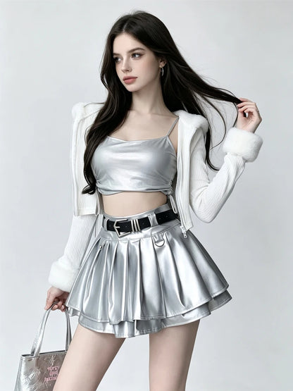 Women Black A-line Leather Skirt Vintage Aesthetic Y2k Pleated Skirt Harajuku Korean Gothic Mini Skirt Emo 2000s Clothes Summer