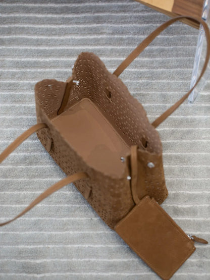 New Advanced Leather Tote Shopping Bag Wave Hollow out Basket Retro Suede Single Shoulder Slant Cross Mother Baby Bag