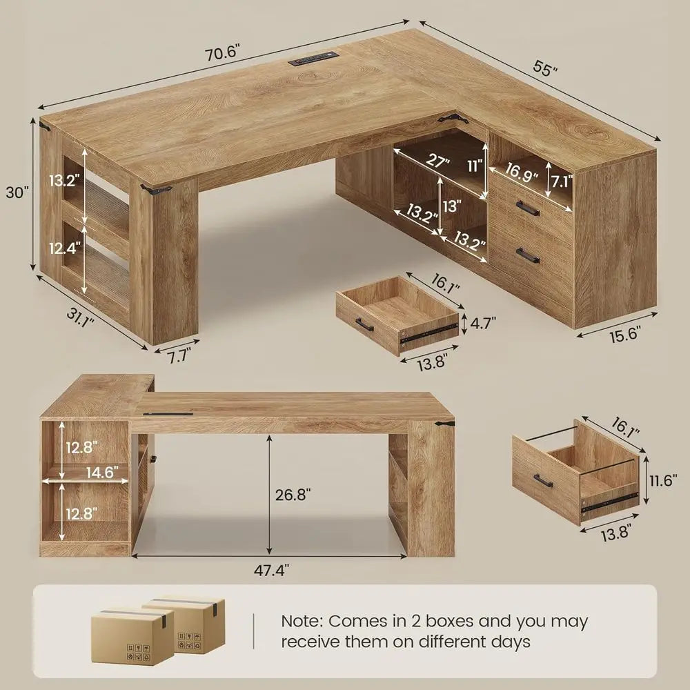 Large L-Shaped Office Desk with Storage, Power Outlets, and Lateral File Cabinet in Oak Finish