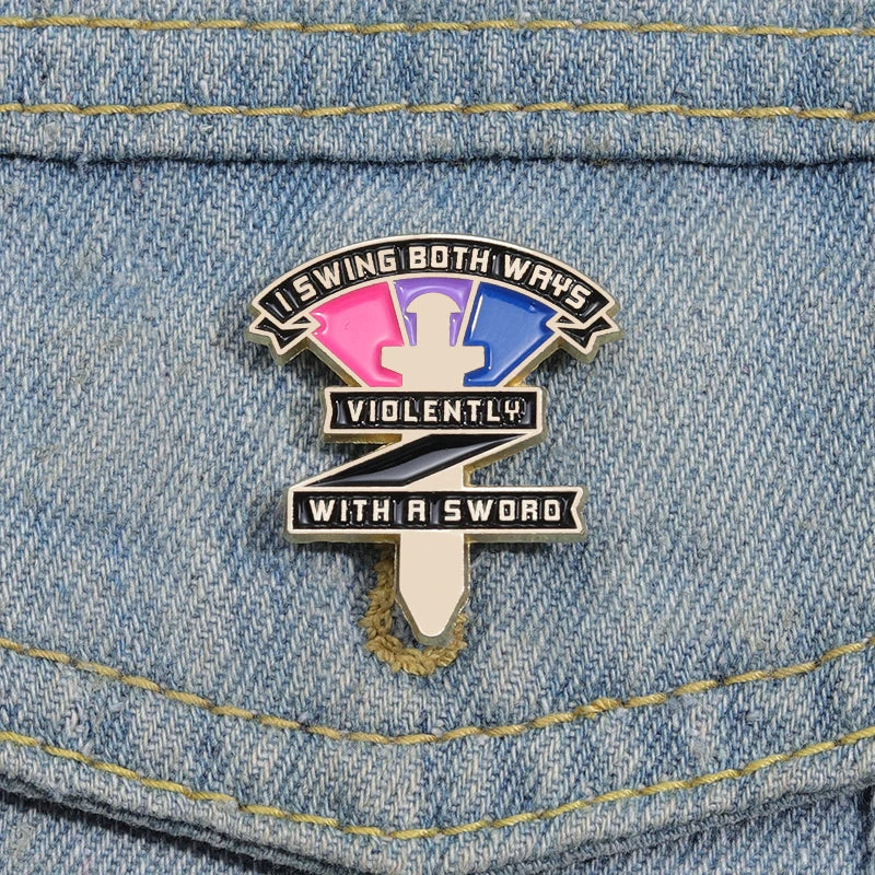 LGBT Rainbow Enamel Pins Bisexual Swing Both Ways Violently With A Sword Pride Brooches Lapel Badges Jewelry Gift for Friends