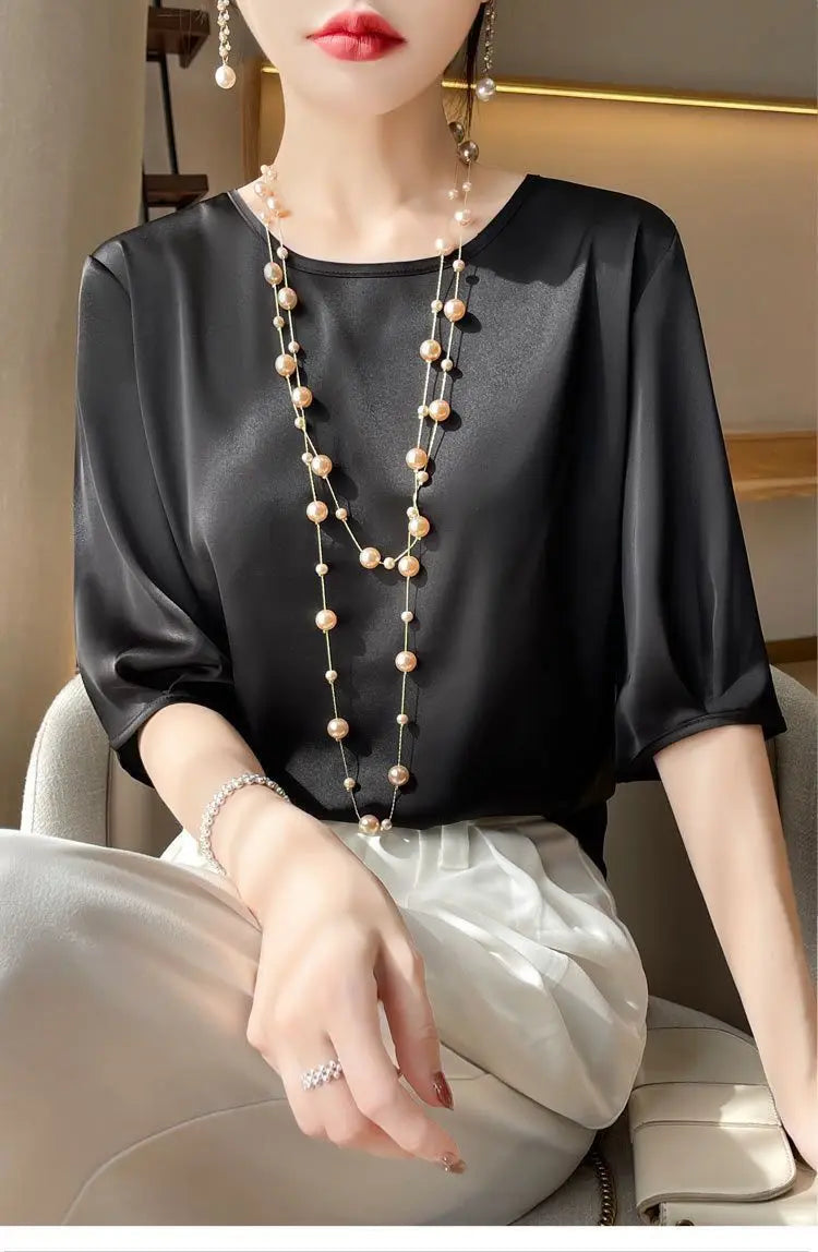 Summer satin Women Blouse Silky Loose Woman Shirt lady's half Sleeve tops Casual solid t-shirt O-Neck pullover women's clothing