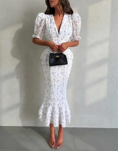 Printed V-neck Waist Cinched Pleated Dress Lapel Short Sleeve High Waisted Maxi Dresses Elegant Women's Summer New Vestidos