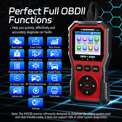 2026 KONNWEI KW330 Car OBD2 Fault Scanner Engine Battery Test  Fault Code Clear Real-Time Data Professional OBD Inspection Tool