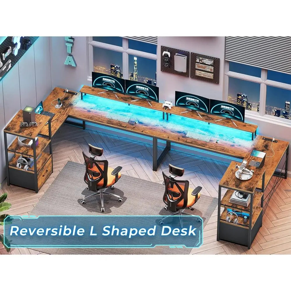 51 Rustic Brown Gaming Desk with LED Lights, Monitor Stand, Fabric Drawer, and Storage Shelves