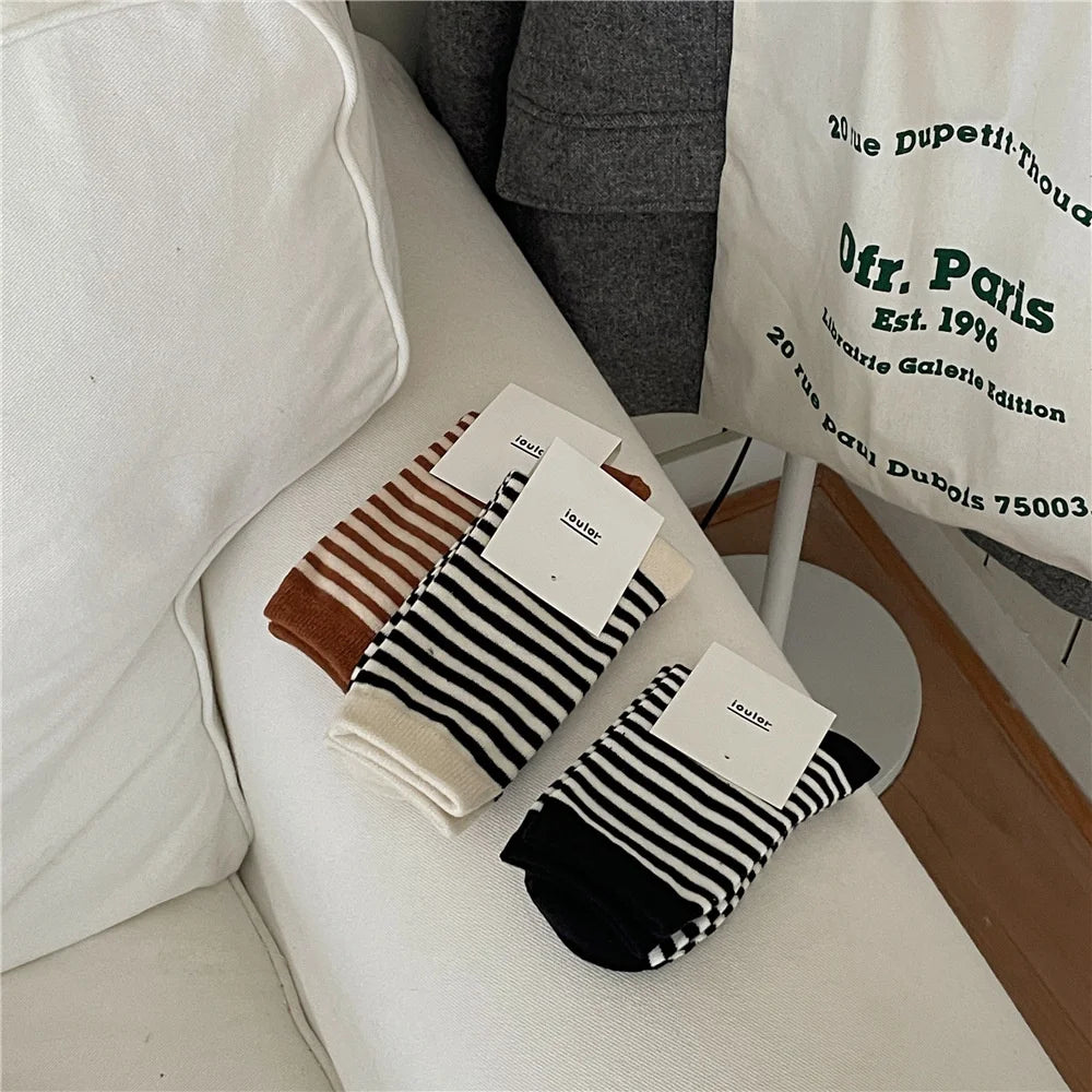 Korean Simple Colored Striped Cotton Socks Women’s Autumn Winter Breathable Middle Tube Socks College Style Trendy Casual Socks