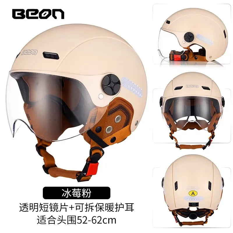 BEON Light Helmet Electric Motorcycle Lightweight Half Helmet Detachable Warm Ear Protection Capacete De Motocicleta