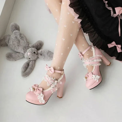 Cross Strap Women High Heels Mary Jane Pumps Party Wedding Cosplay White Pink Black Strawberry Bow Princess Cosplay Lolita Shoes