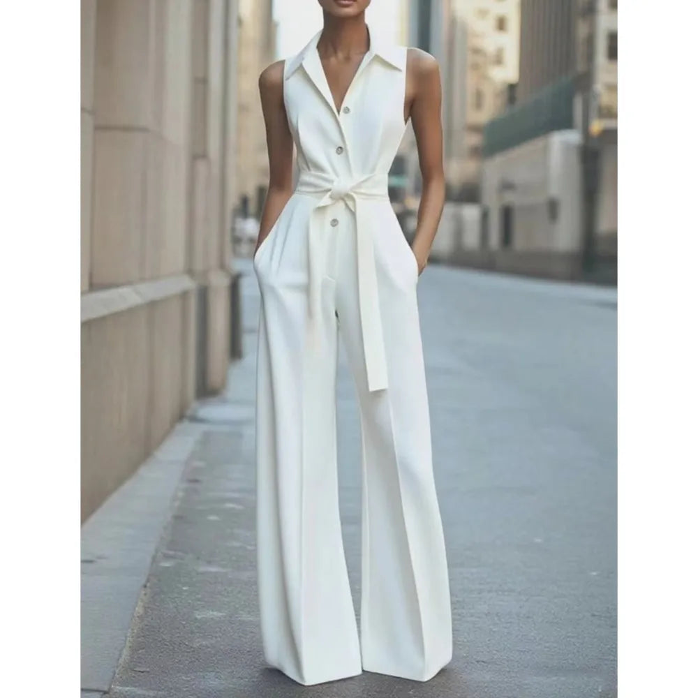 Sleeveless Lapel Jumpsuit Women's Fashion Button Down Shirt Collar Solid Color Wide Leg Commuting Office With Pocket Jumpsuit