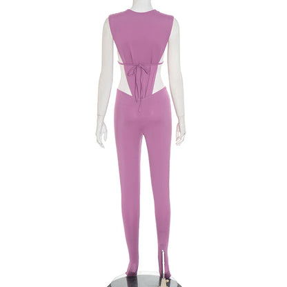 Weird Puss Sexy Women Tracksuit 2 Piece Set Sleeveless Side Split Bodysuit+Ruched Foot Leggings Matching Hipster Street Outfits