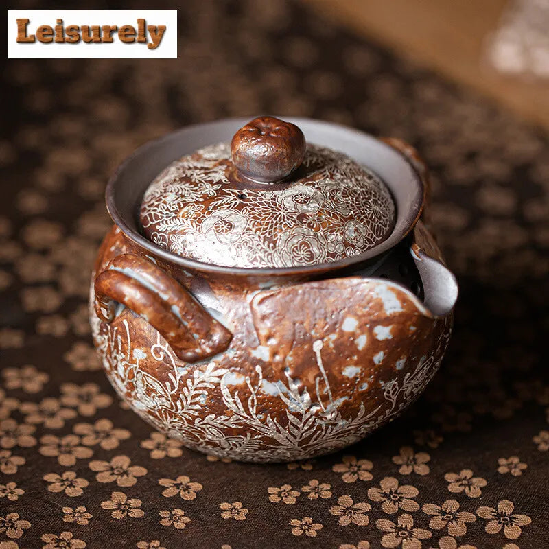 190ml Retro Flower Gilded Silver Hand Grasping Pot Old Rock Mud Treasure Bottle Pot Coarse Pottery Filter Kettle Kung Fu Teaset