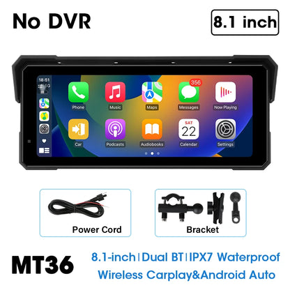 8.1 inch Motorcycle GPS Navigation Wireless Carplay Android Auto IPX7 Waterproof Display Drive Recorder Support 4K+1080P Dual BT