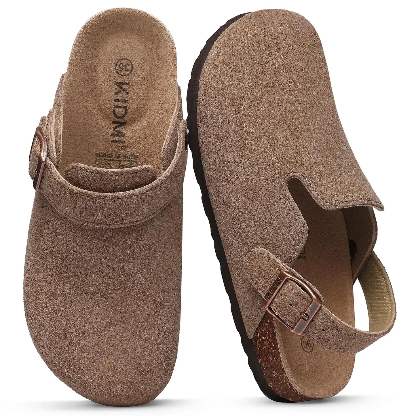 Crestar Women's Suede Clogs Lady Fashion Buckle Leather Mules Comfort Cork Footbed Potato Shoes with Arch Support Beach Sandal