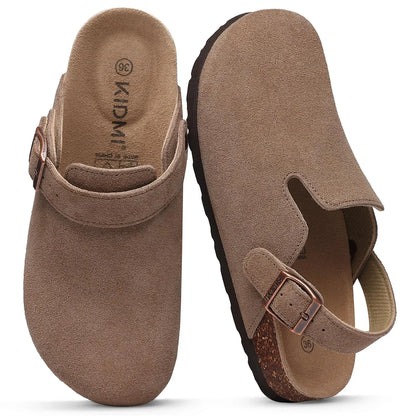 Crestar Women's Suede Clogs Lady Fashion Buckle Leather Mules Comfort Cork Footbed Potato Shoes with Arch Support Beach Sandal