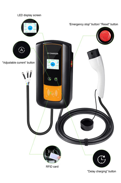 IPENGEN 22KW 32A 3Phase EV Charging Station Type2 IEC62196-2 Electric Car Charger 5m Cable EVSE Wallbox WIFI APP Control