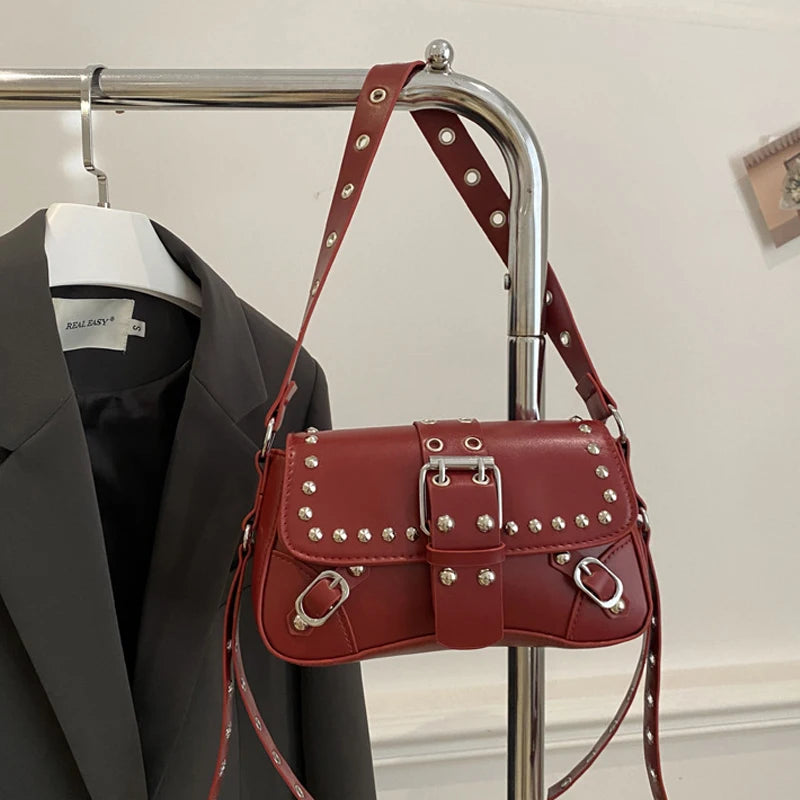 Shoulder Bag for Women Pink Underarm Bags PU Leather Crescent Bags with Rivet Small Y2k Purses Trendy Armpit Purse