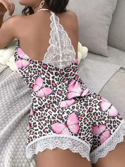 New Fashion 2023 Casual Summer Womens Two Piece Sets Outfit Sexy Floral Print Lace Trim Sleep Cami Set Female Clothing