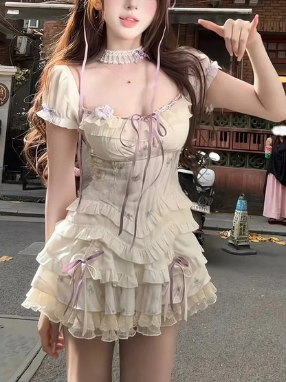 Sweet Kawaii 2-Piece Dress Set Women Sexy Off-Shoulder Corset Tops + Mini Cake Skirt Japanese Casual Harajuku Chic Outfit New