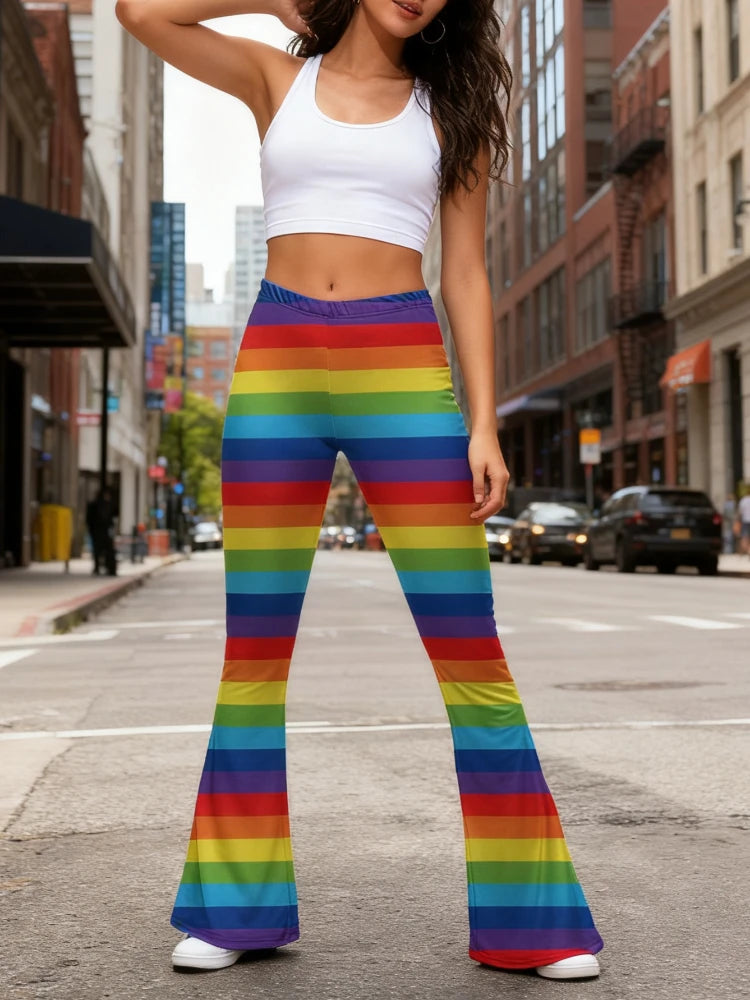 Funky 70s Retro Vertical Stripe Printed Flare Pants in Red Yellow Blue Rainbow High Waisted Wide Leg Groovy for Women Yoga Wear