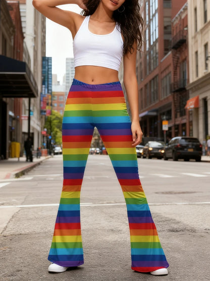 Funky 70s Retro Vertical Stripe Printed Flare Pants in Red Yellow Blue Rainbow High Waisted Wide Leg Groovy for Women Yoga Wear