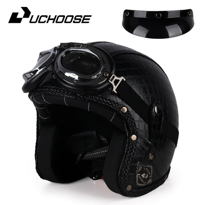 UCHOOSE Retro Motorcycle Helmet PU Leather Open Face 3/4 Chopper Bicycle Helmets Classic Casco Moto Vintage