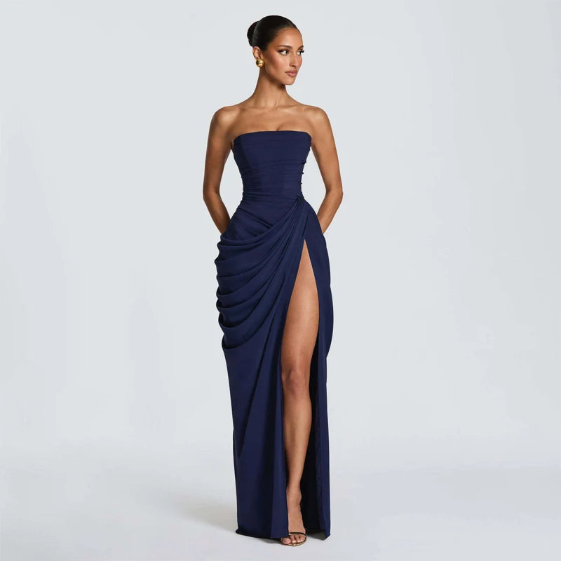 Elegant Yellow Strapless Pleated Dress Women Chic Sleeveless Waist Cinching Split Maxi Gowns 2026 Summer Lady Evening Party Robe
