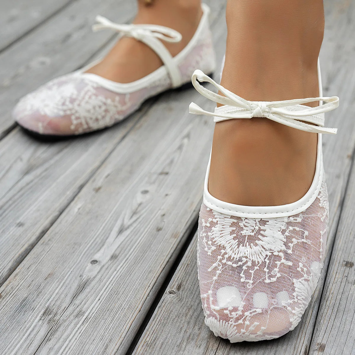 Plus Size 43 Women Fashion Ballet Flats Breathable Laces Square Toe Spring Summer Flat Shoes For Female Daily Walking Loafers