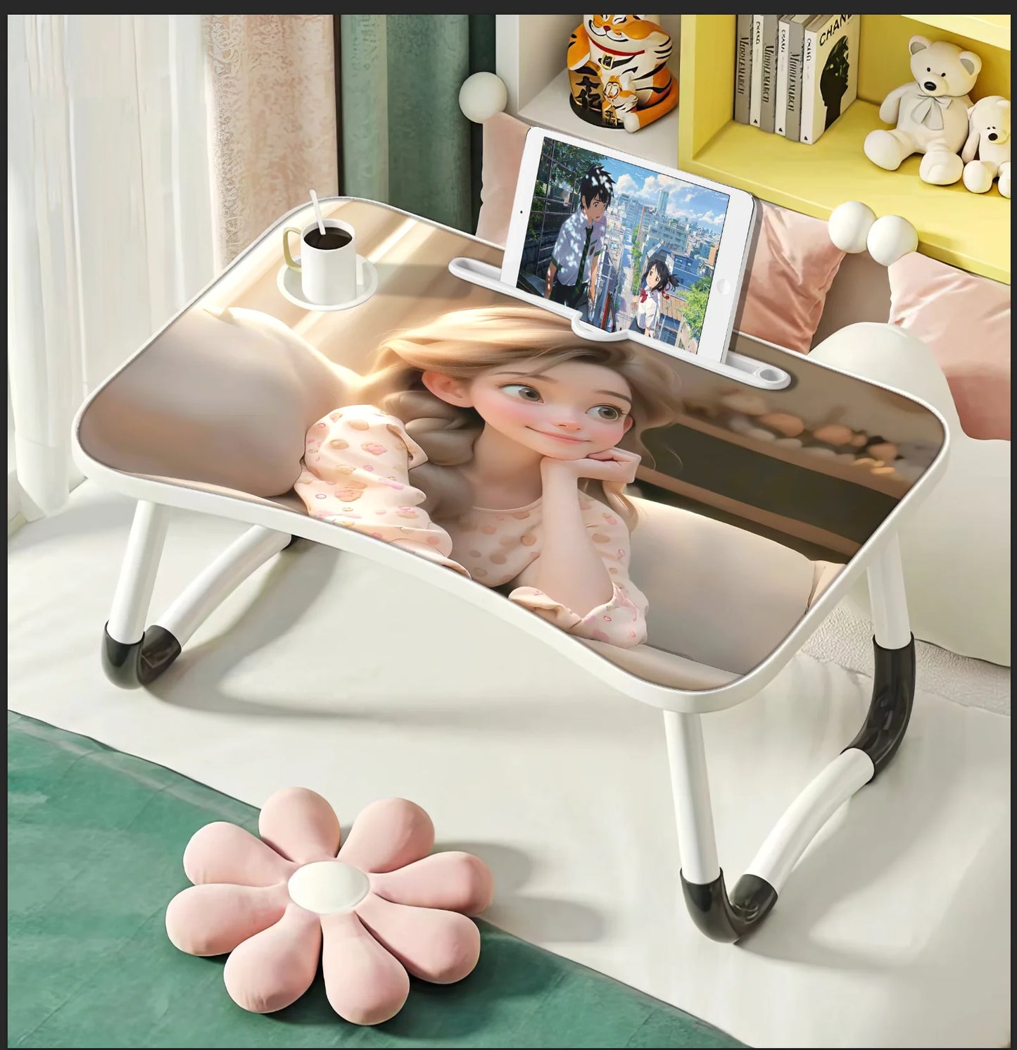 Extra-Large Multifunctional Folding Table, Portable Multi-Color Wooden Laptop Desk with Cup Holder, Ideal for Work and Reading