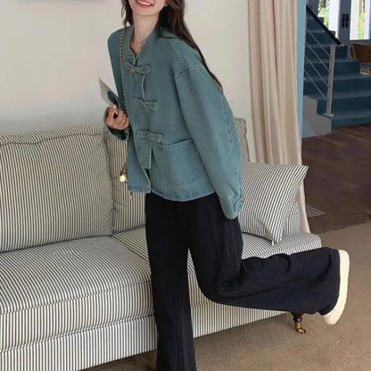 Women Clothing Autumn Fashion Simplicity All-match Temperament Button Solid Color O-neck Female Chinese Style Denim Jacket Tops