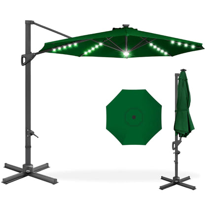 10ft Solar LED Cantilever Patio Umbrella, 360-Degree Rotation Hanging Offset Market Outdoor Sun Shade for Backyard,, Customized