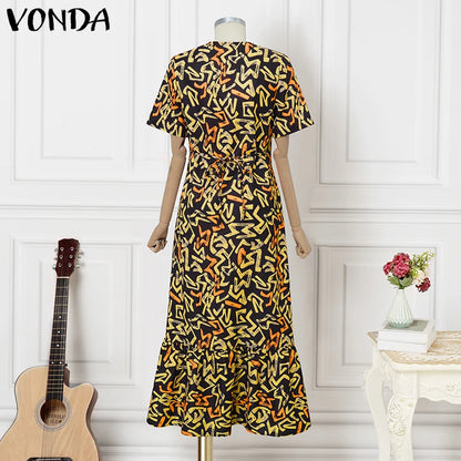 VONDA Women Vintage Maxi Dress Short Sleeve Summer Party Vestidos 2025 Casual Printed A-line Robe Bohemian V-Neck Long Sundress