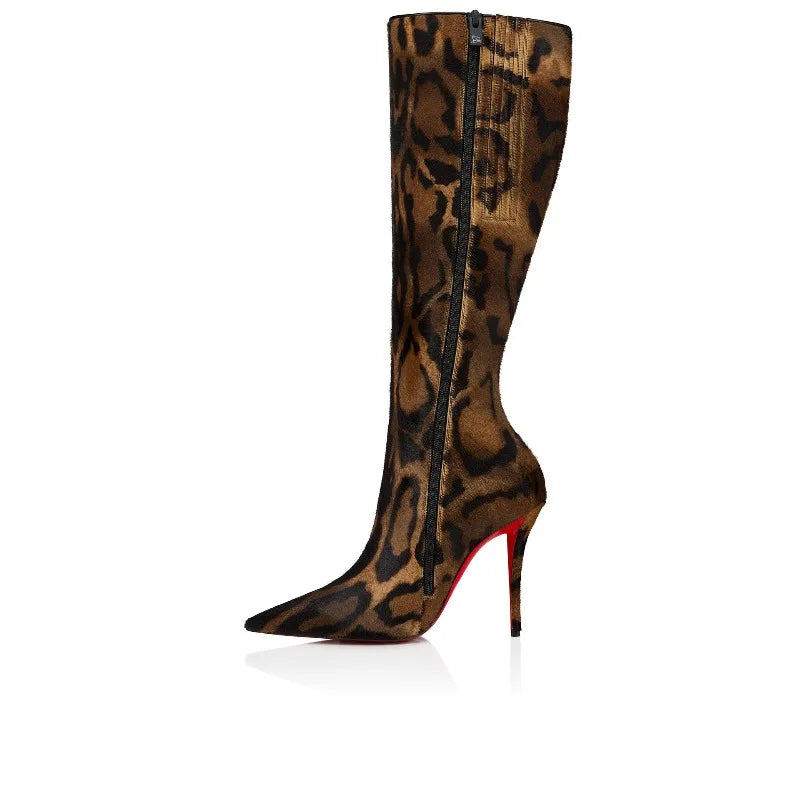 European andAmerican sexy suede leopardprint pointed stagewalking shoes,women's fashion slim high heels,side zipper banquetboots